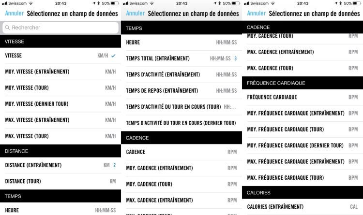 Wahoo ELEMNT Mini champs de données disponibles